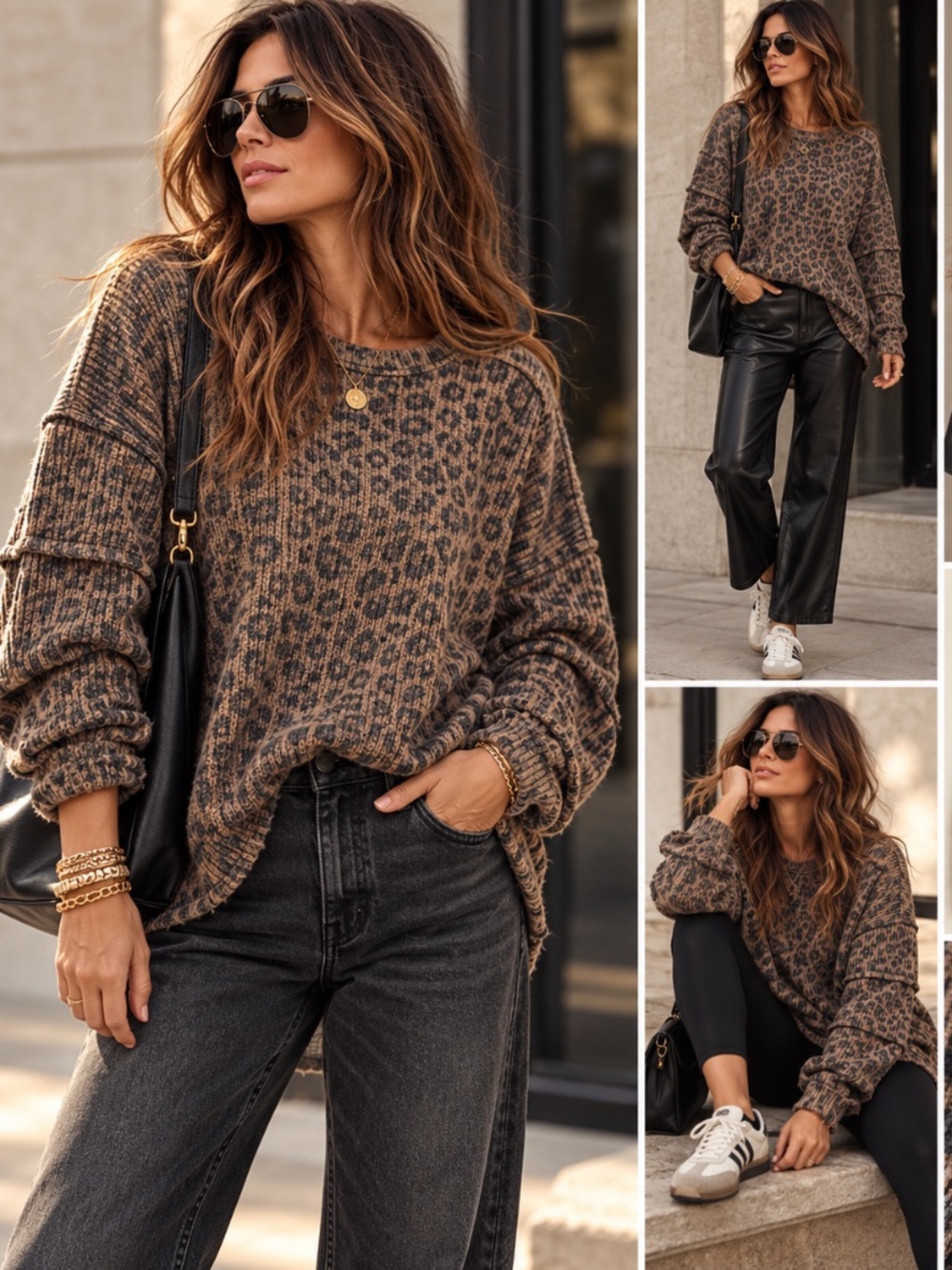 HEIMISH USA Leopard Print Oversized Soft Knit Sweater Pullover M